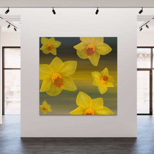 A large painting of yellow flowers in front of windows.