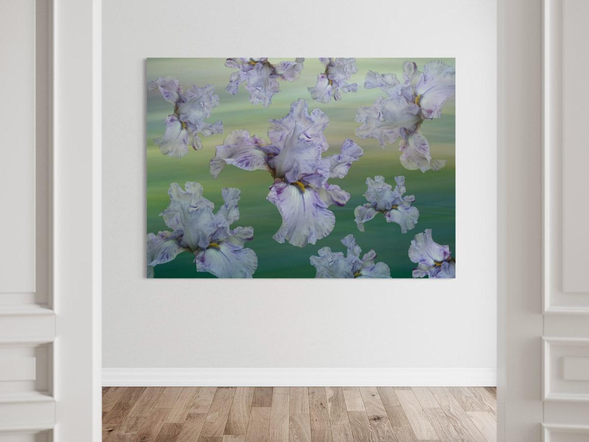 A painting of flowers in the middle of a room.