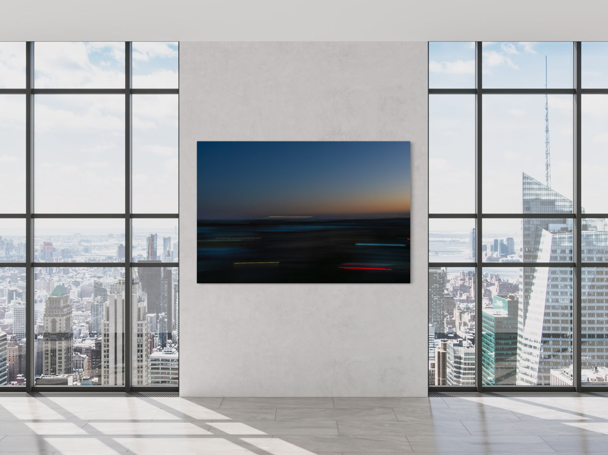 A large picture of the sky in a room