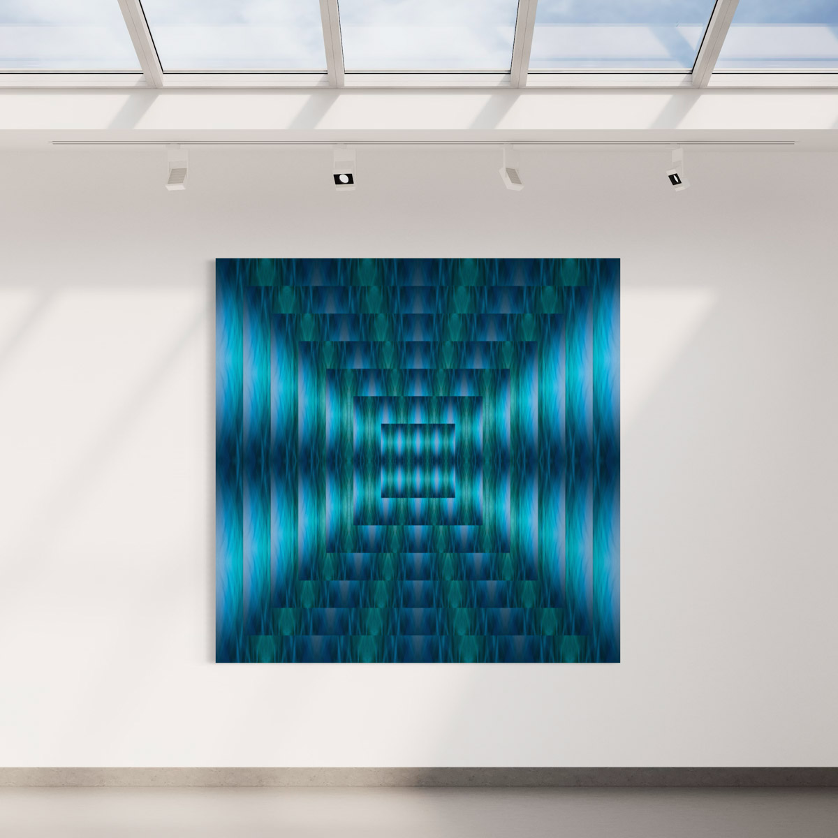 A large blue and green abstract painting in the middle of a room.