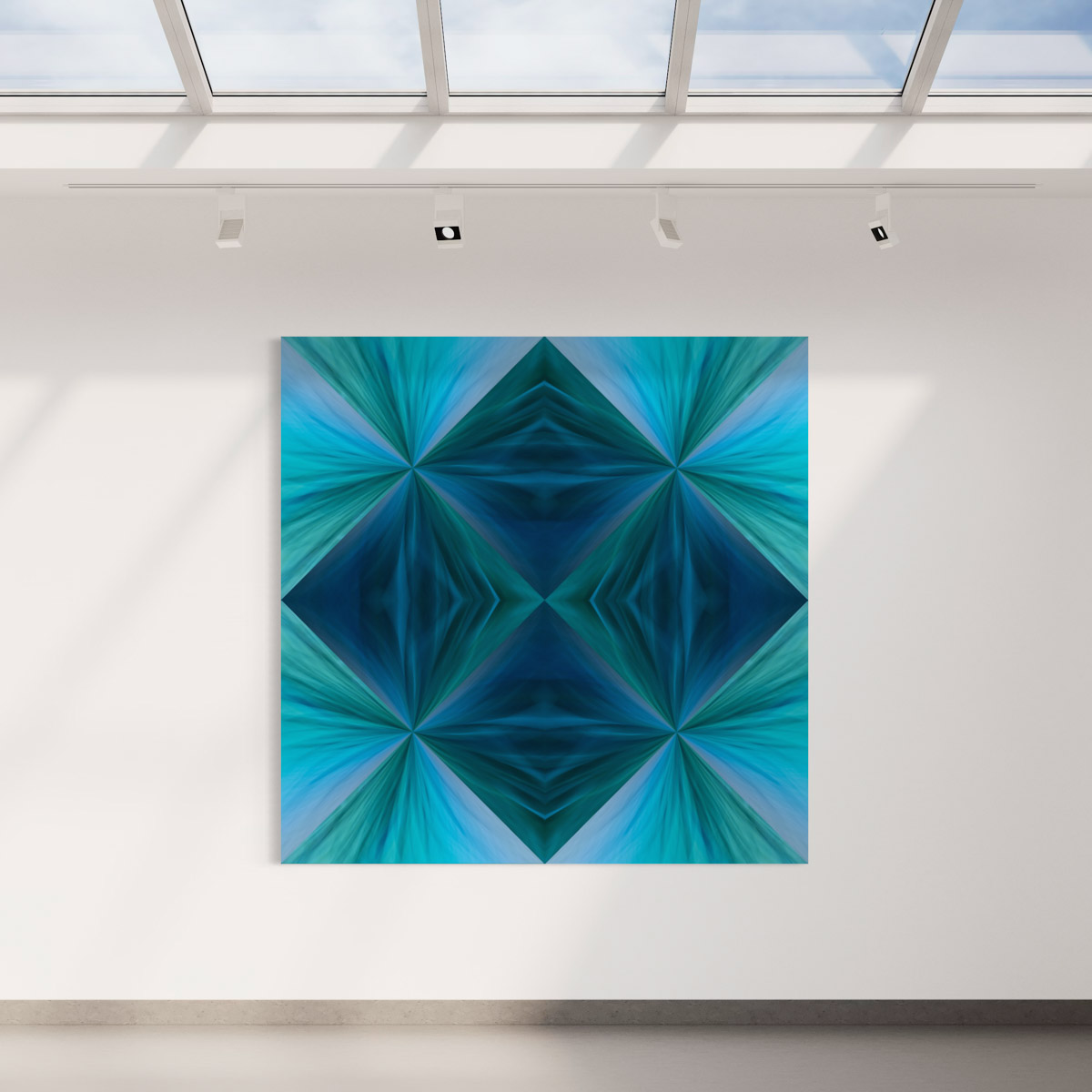 A large blue painting hanging on the wall.