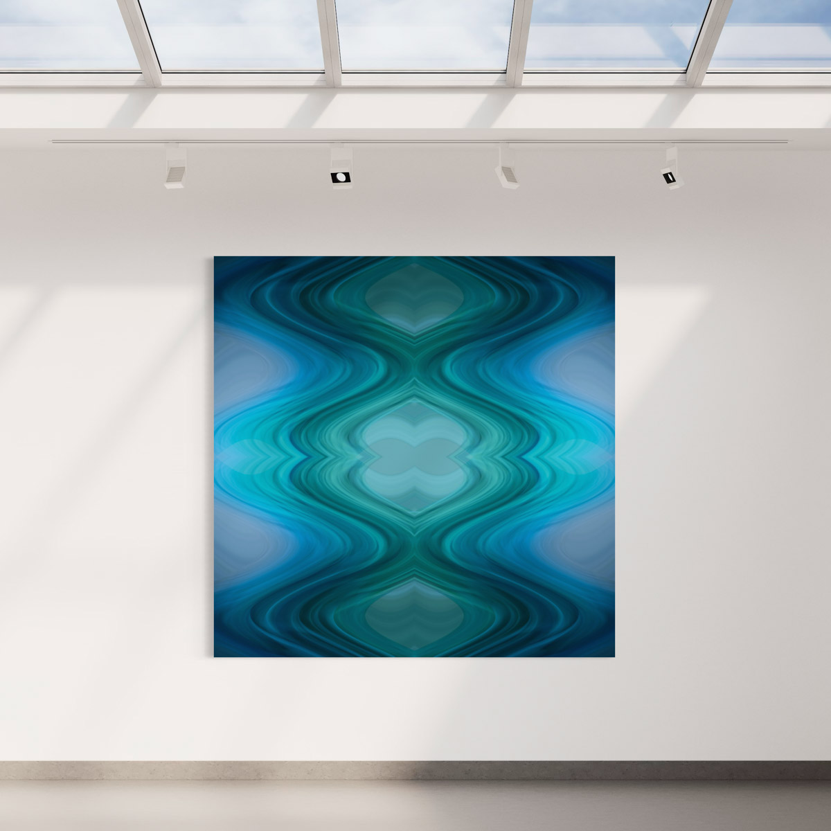 A large blue abstract painting hanging on the wall.
