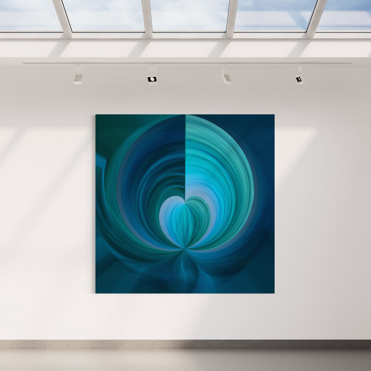 A large painting of a blue heart on the wall