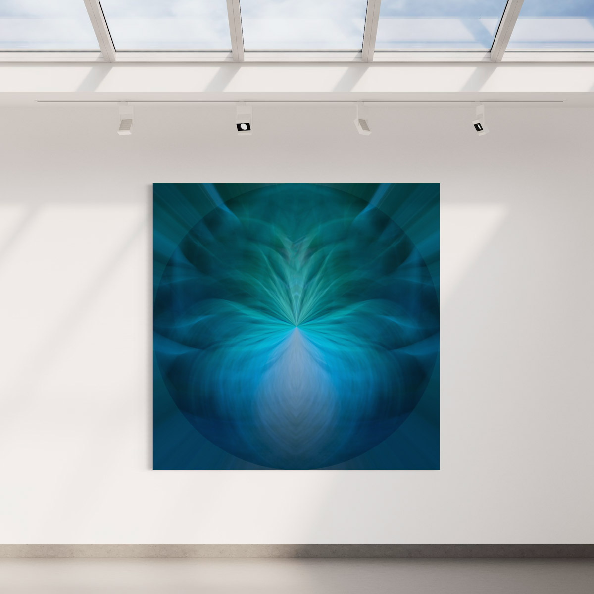 A large painting of a blue flower in the middle.