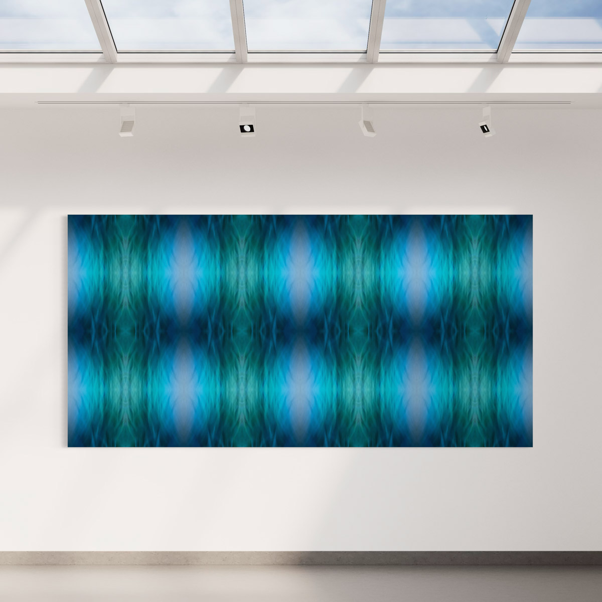 A large painting of blue and green abstract designs.