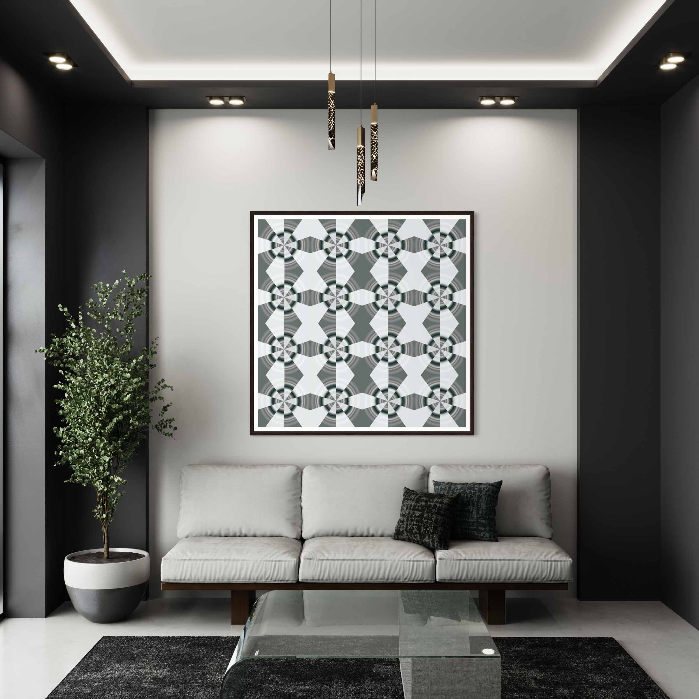A living room with white furniture and black walls.
