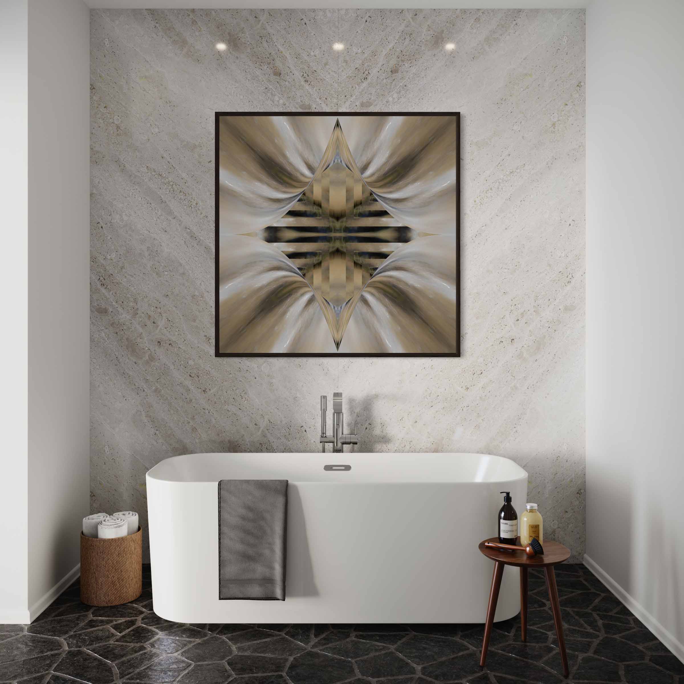 A bathroom with a tub and a painting on the wall