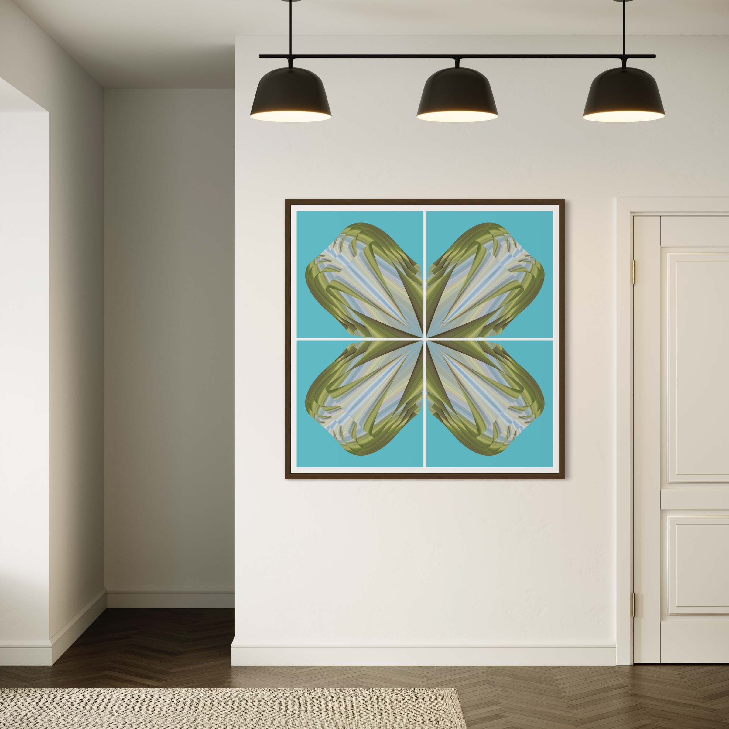 A painting of a flower in the middle of a room.