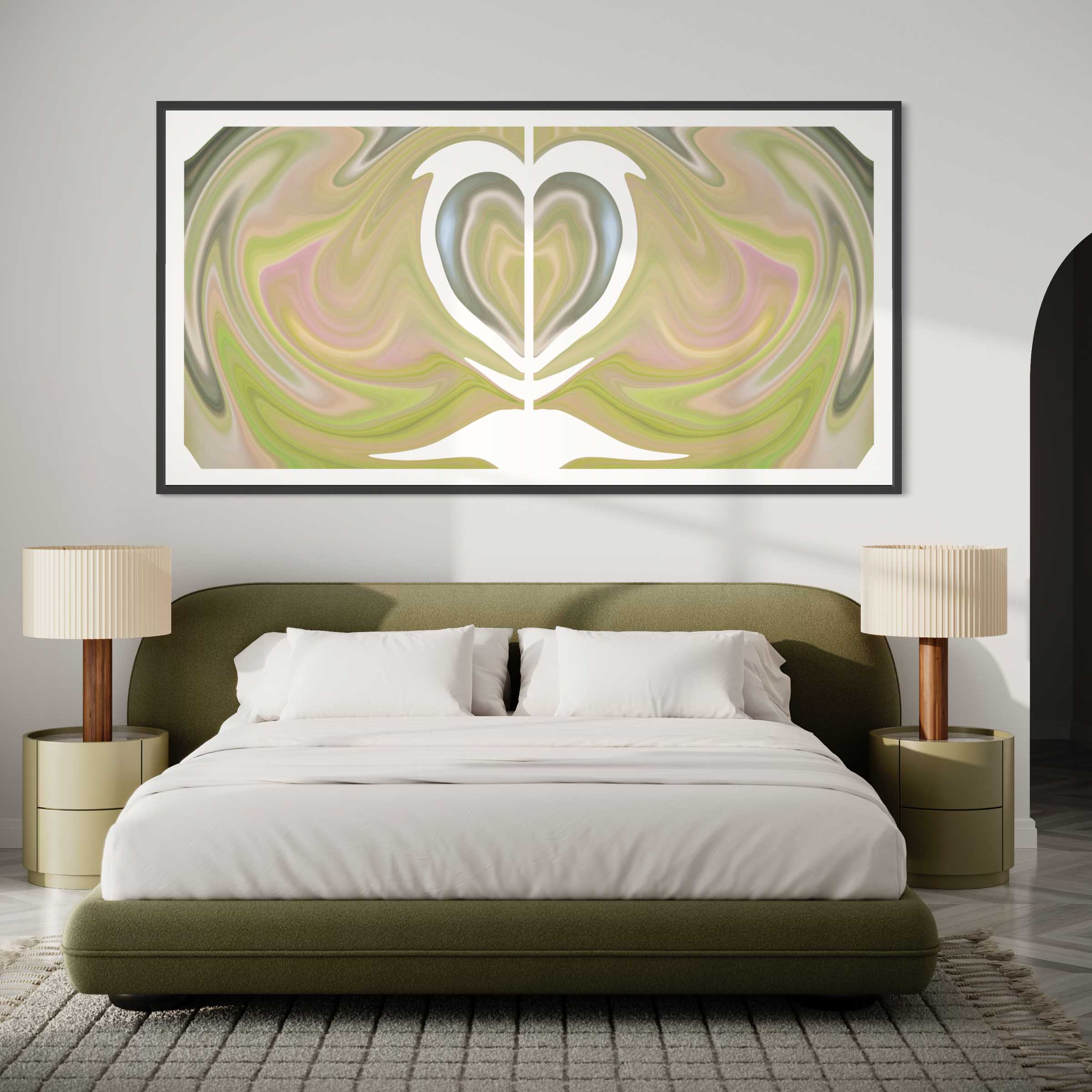 A large painting of a heart in the middle of a bedroom.