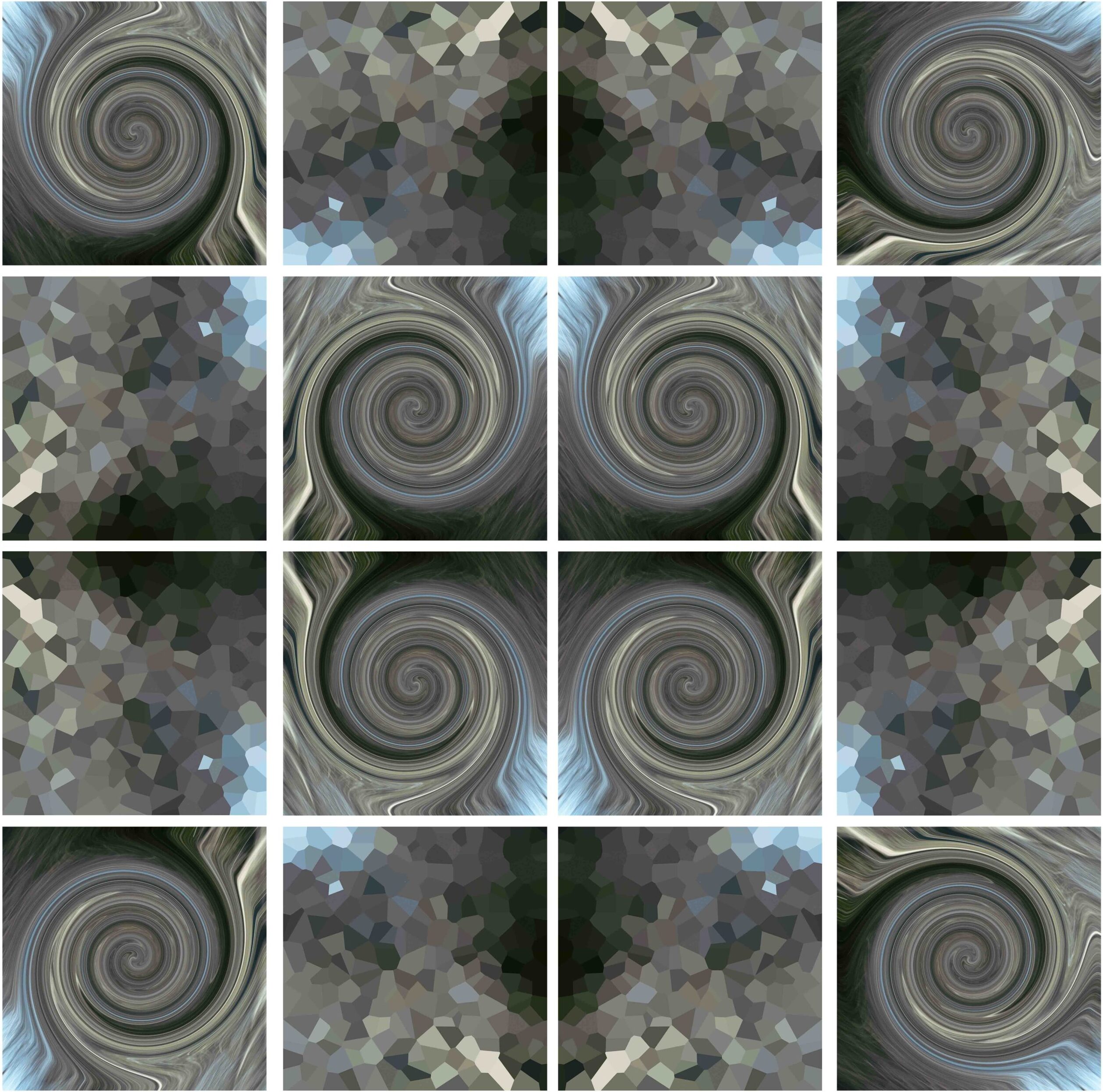 A series of images with swirling shapes and colors.