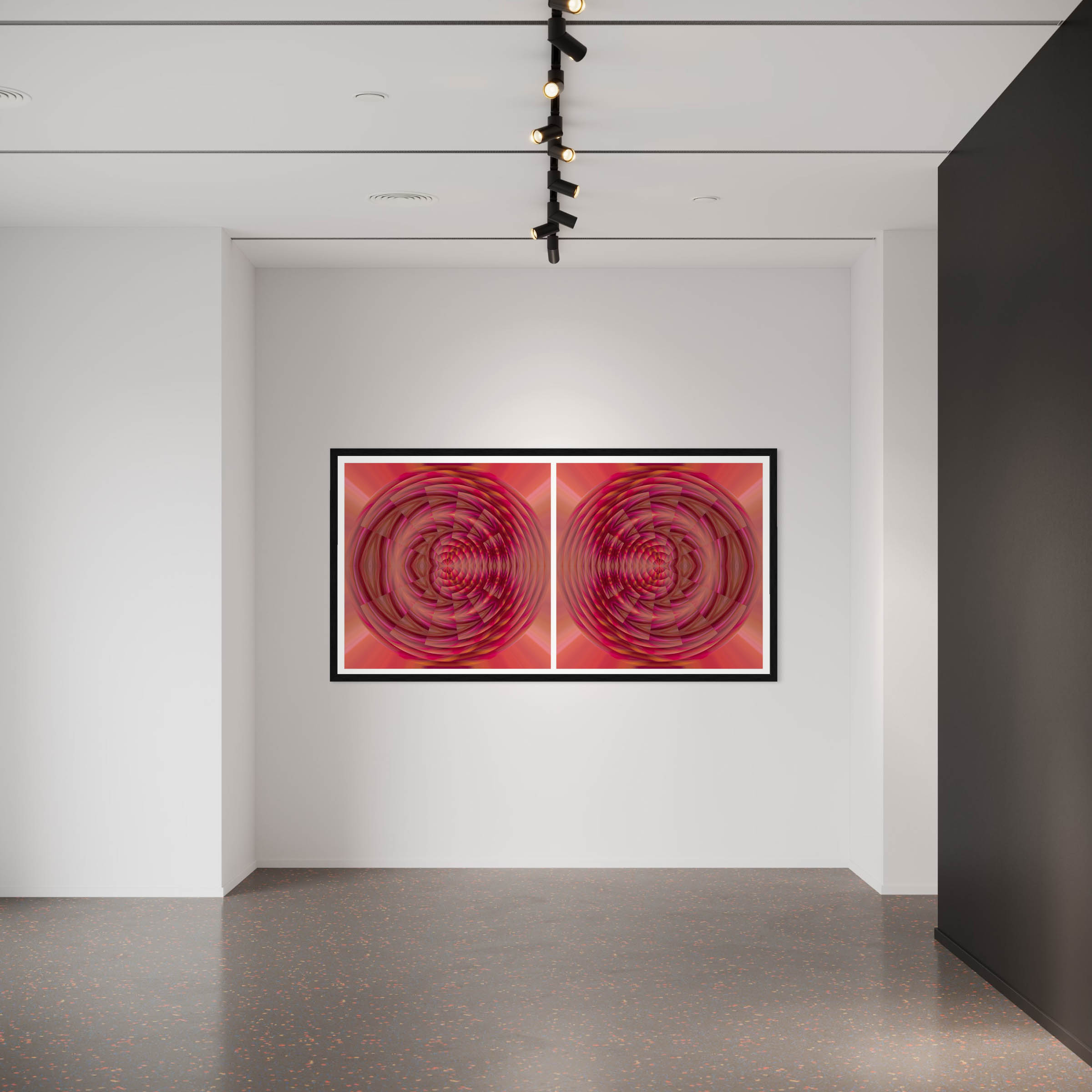 A large painting of a red circle in the middle of a room.