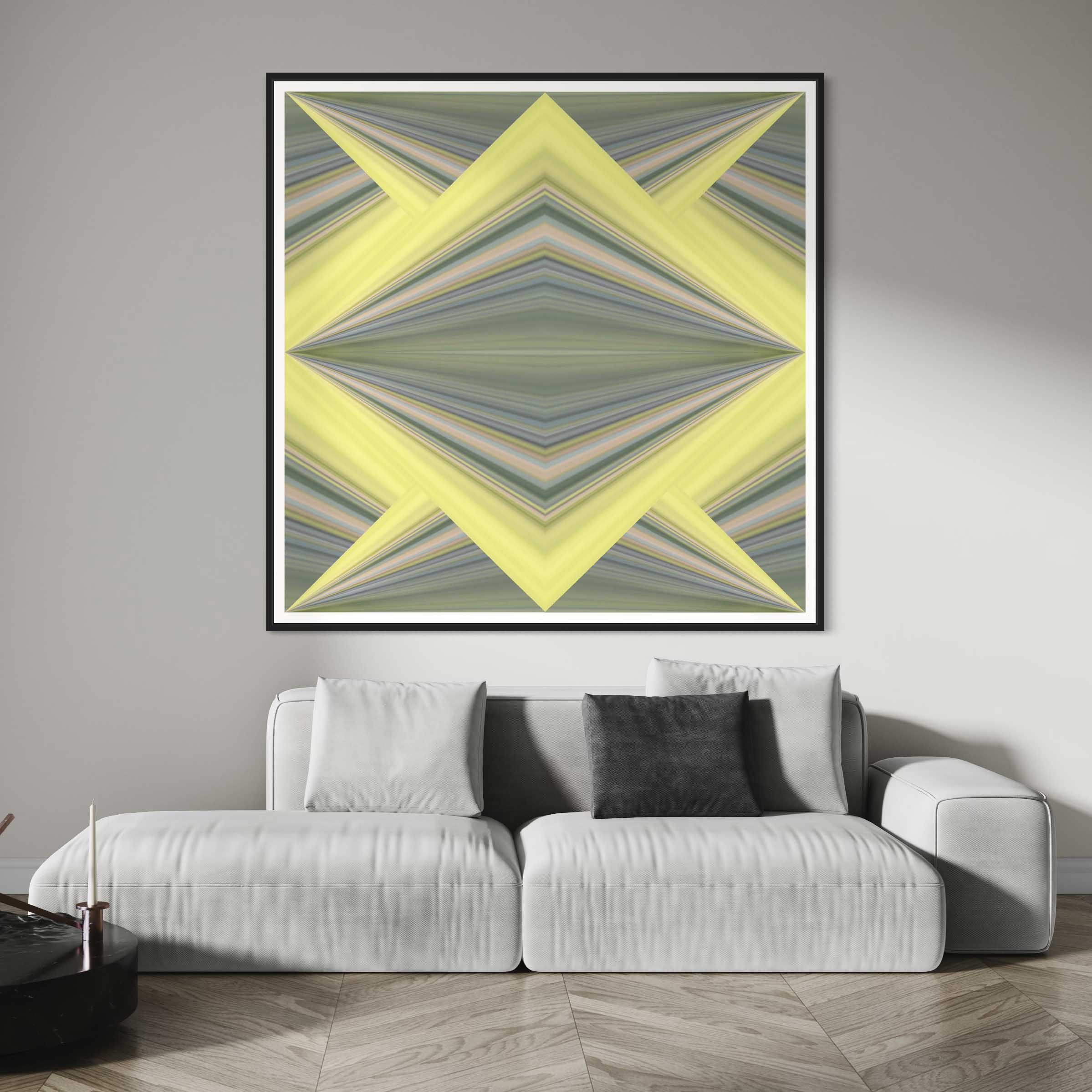 A large painting of yellow and gray colors in the middle of a living room.