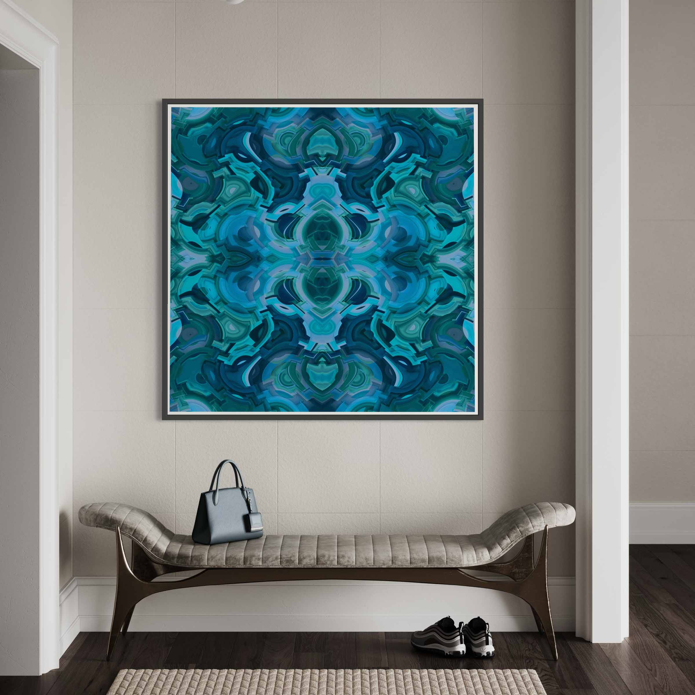 A large blue painting hanging on the wall of a room.