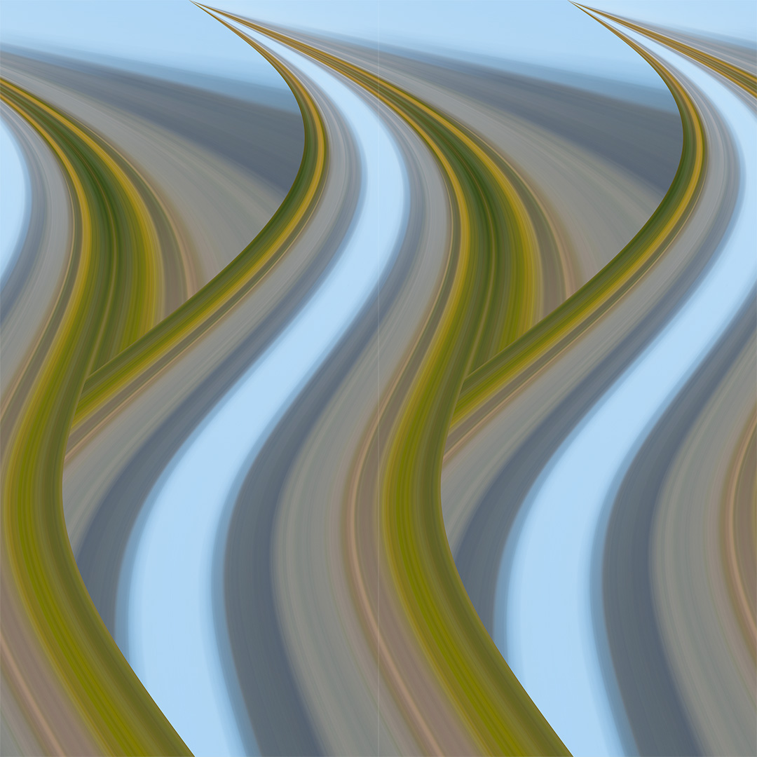 A painting of wavy lines in the middle of a road.