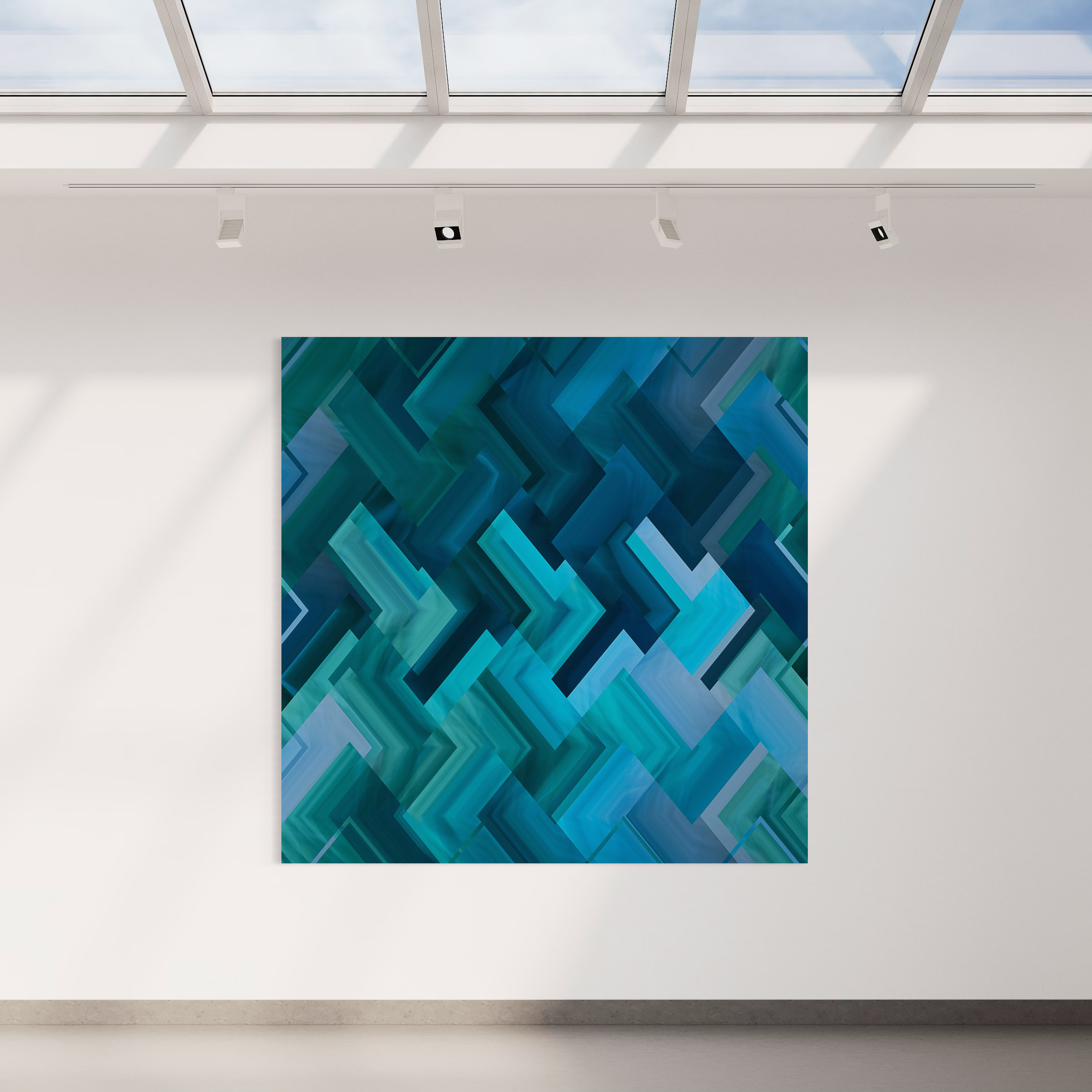 A large painting of blue squares on the wall