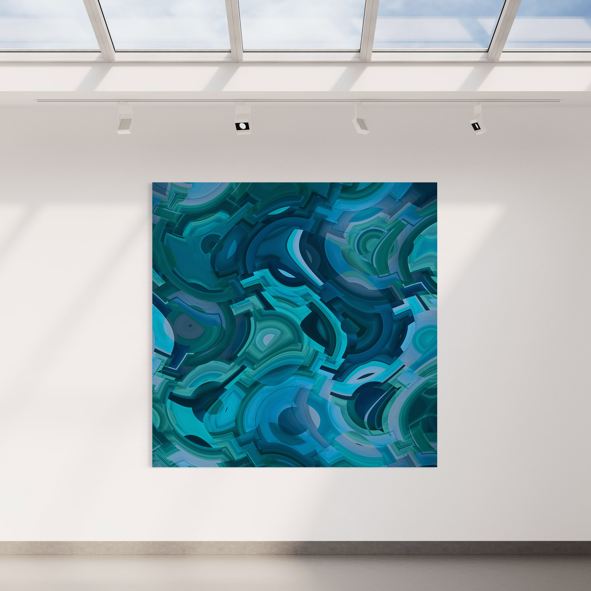 A painting of blue water in front of a window.