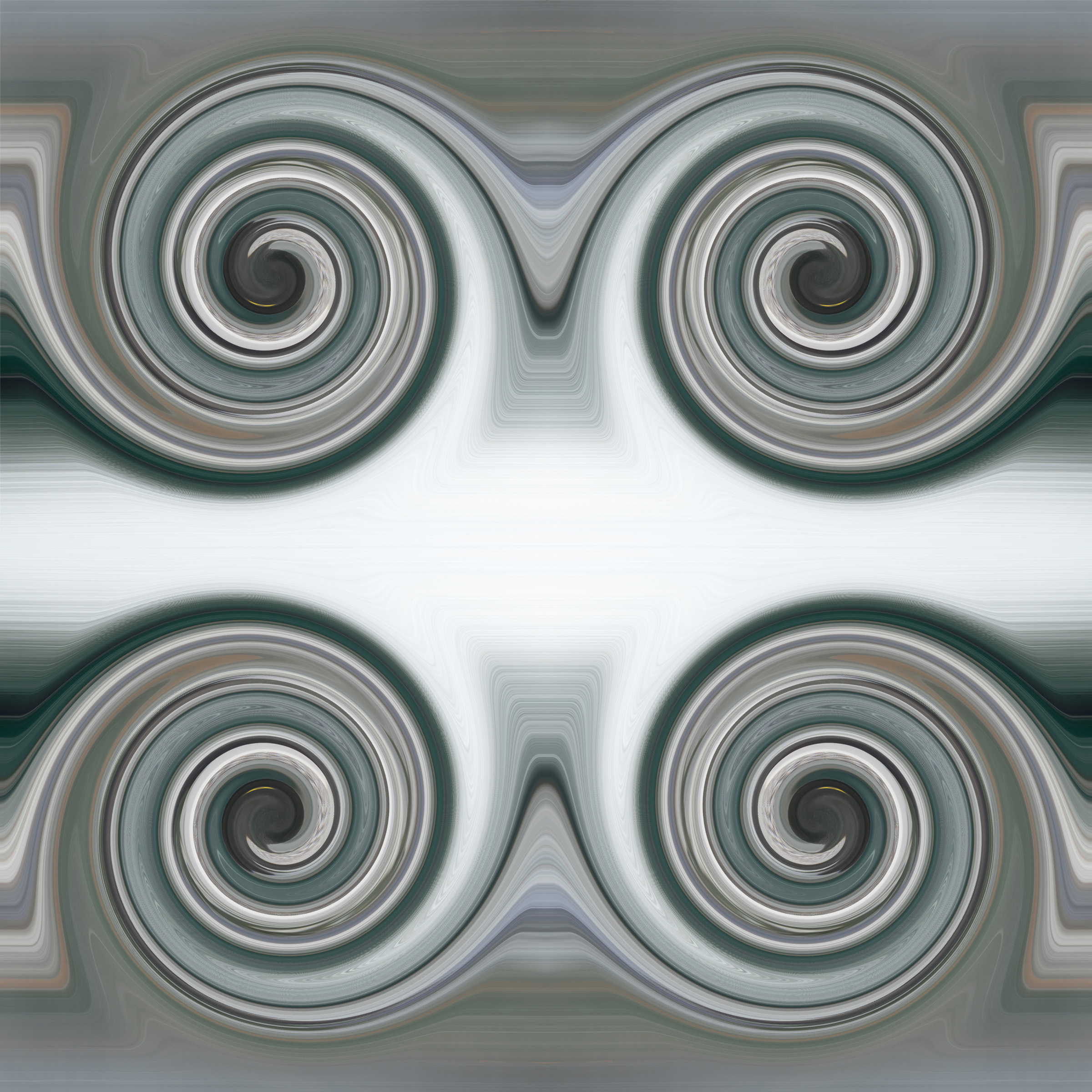 A silver and white abstract image with swirling shapes.