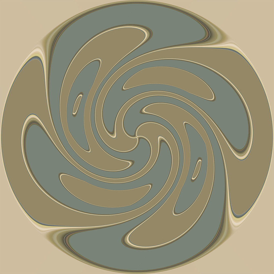 A circular pattern of swirling shapes in beige and blue.
